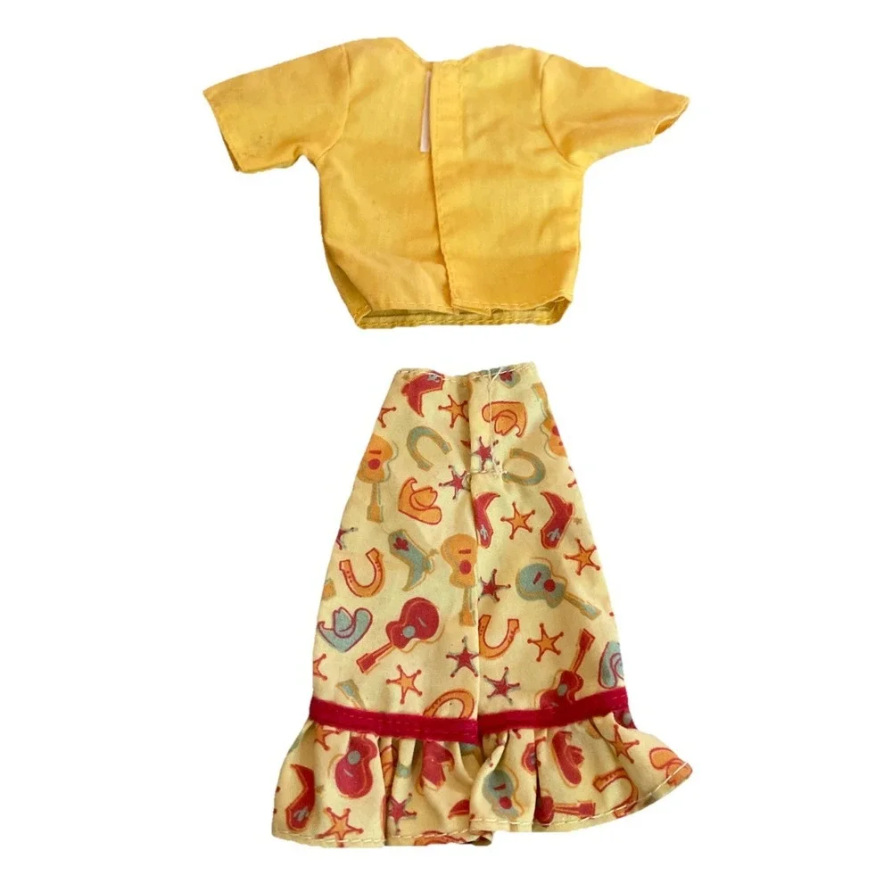 Vintage Barbie Outfit Western Skirt &‎ Top Yellow Guitar Boots Hat Badge